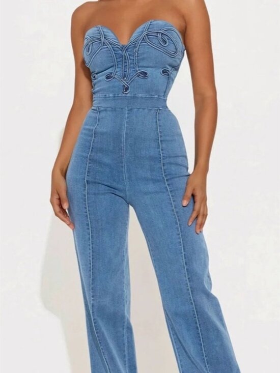 Fashion Nova Pants - Fashion Nova Feeling Twirly Denim Jumpsuit Medium Wash Small Strapless Wide Leg